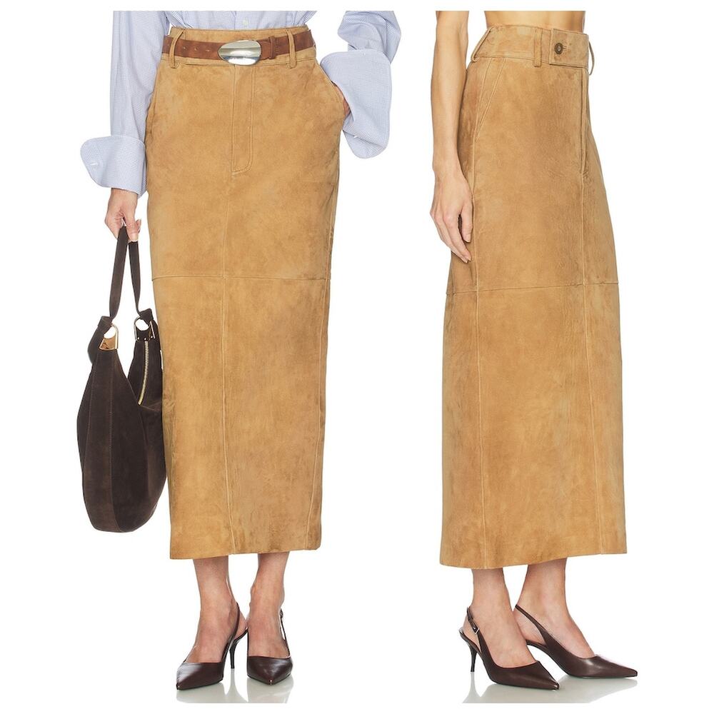 Helsa Suede Column Skirt Midi Leather Work Office Minimal Preppy Fall XXS